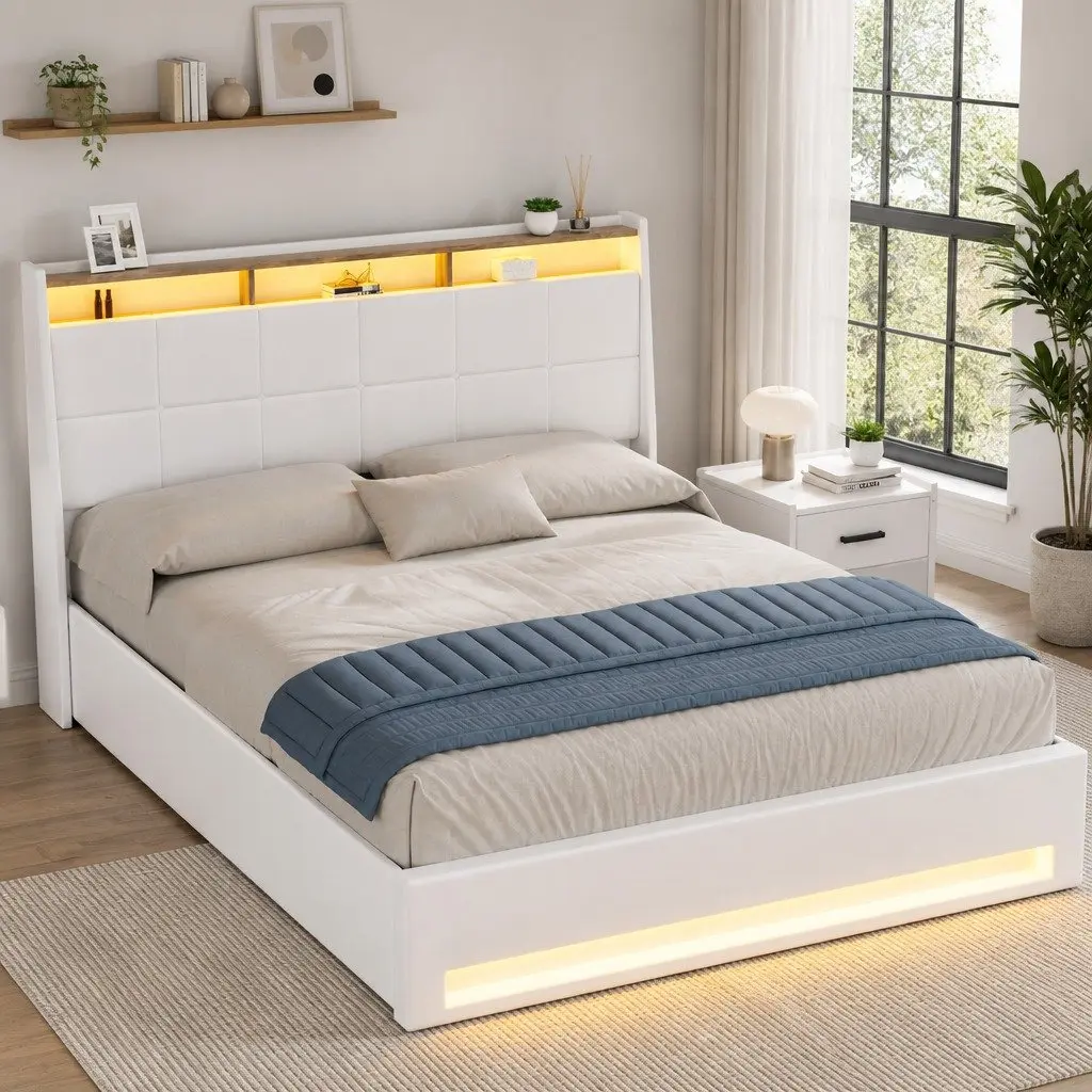 Double Bed Frame Gas Lift Storage PVC Leather White Platform Base