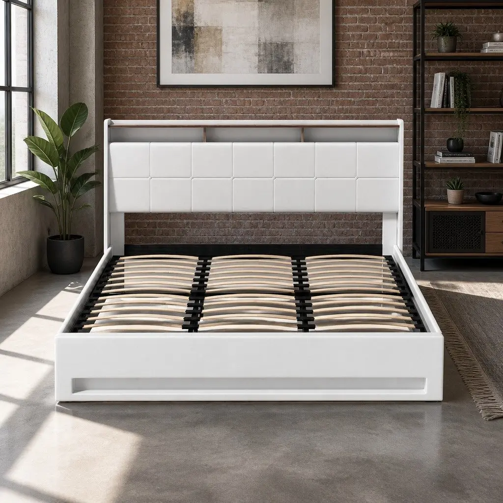 King Size Gas Lift Bed Frame Upholstered Headboard White Platform Base