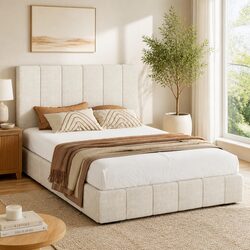 Double Bed Frame Beige Upholstered Linen Gas Lift Storage Wooden Slat Base