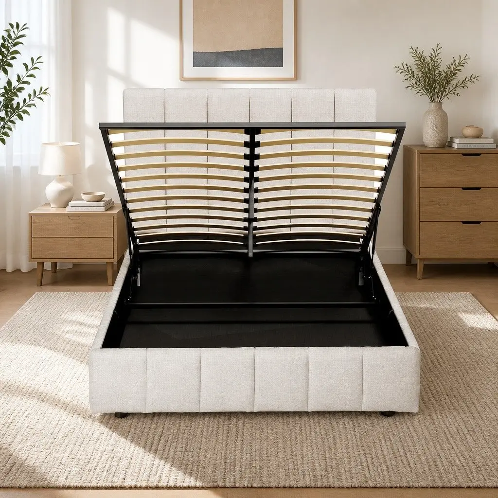 Double Bed Frame Linen Upholstered Beige Gas Lift Storage Wooden Slat Base