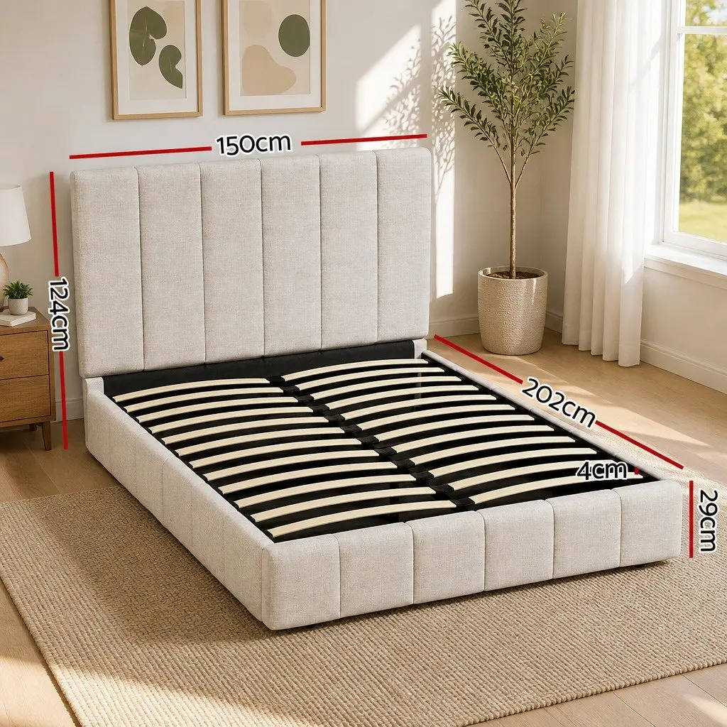 Double Bed Frame Linen Upholstered Beige Gas Lift Storage Wooden Slat Base