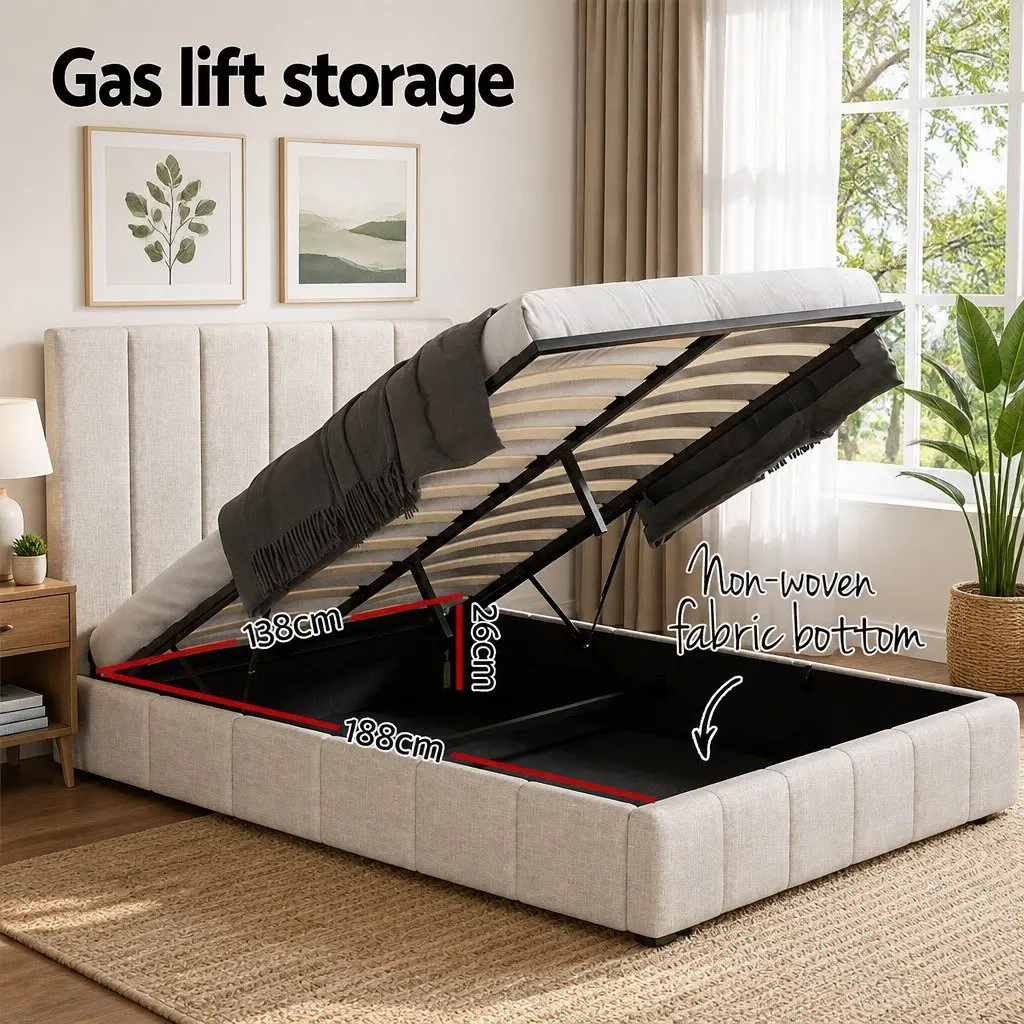 Double Bed Frame Linen Upholstered Beige Gas Lift Storage Wooden Slat Base