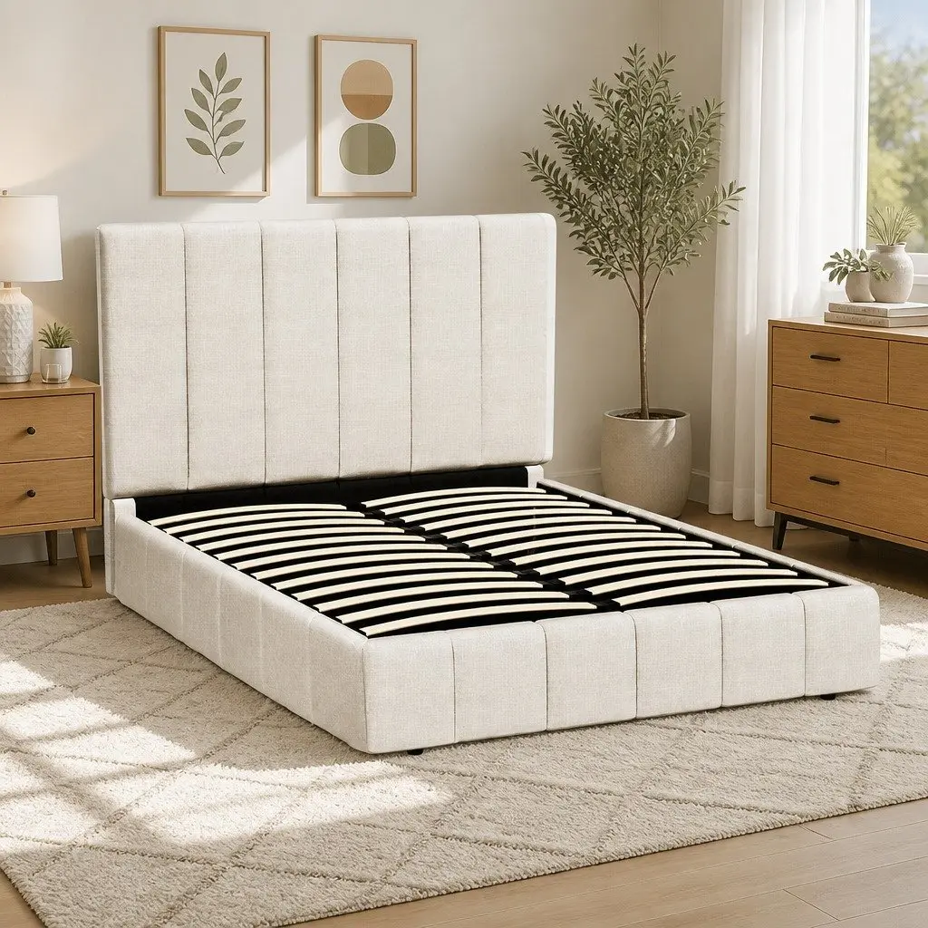 Double Bed Frame Linen Upholstered Beige Gas Lift Storage Wooden Slat Base