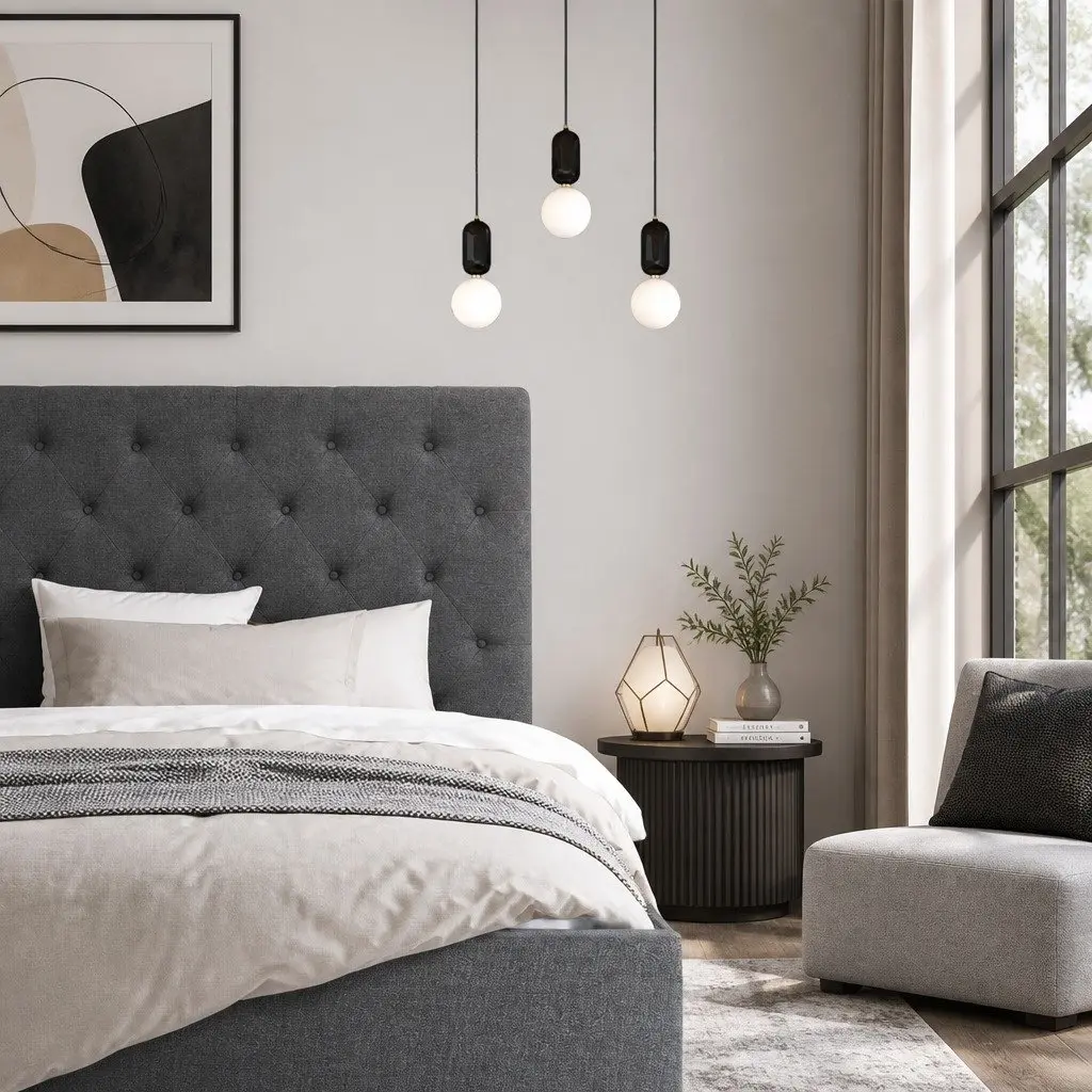 Bed Head Headboard King Single Size Fabric Grey Upholstered Button Tufted Design