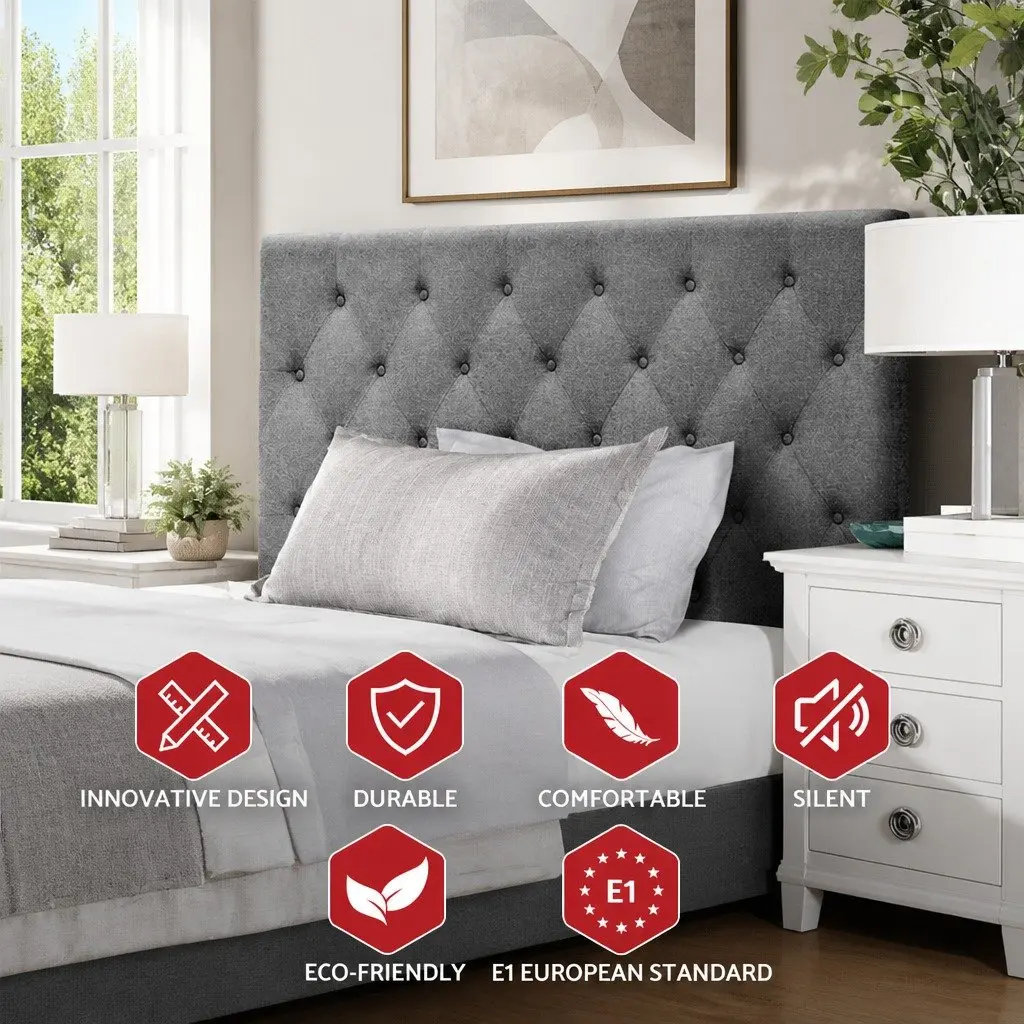 Bed Head Headboard King Single Size Fabric Grey Upholstered Button Tufted Design