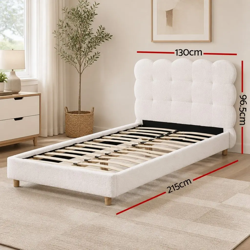 King Single Bed Frame Boucle Fabric Cloud Headboard White Modern