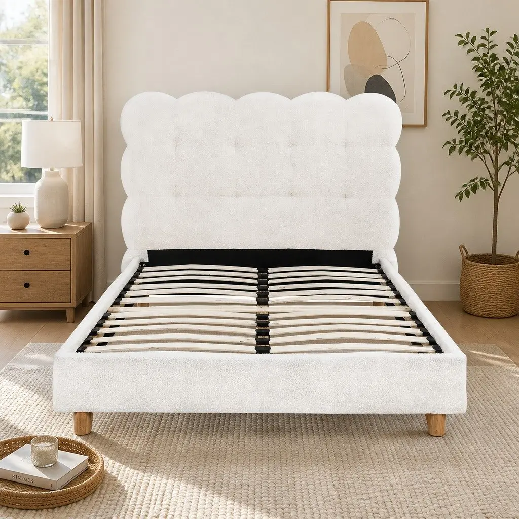 King Single Bed Frame Boucle Fabric Cloud Headboard White Modern