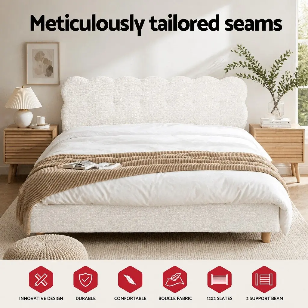 Queen Bed Frame Cloud Headboard Boucle Fabric Platform Base White Modern Bedroom