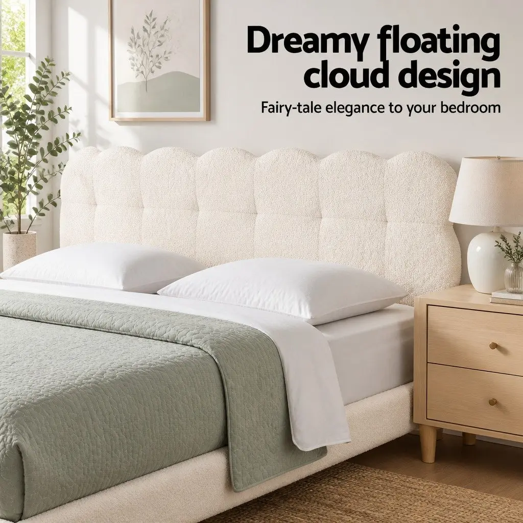 Queen Bed Frame Cloud Headboard Boucle Fabric Platform Base White Modern Bedroom