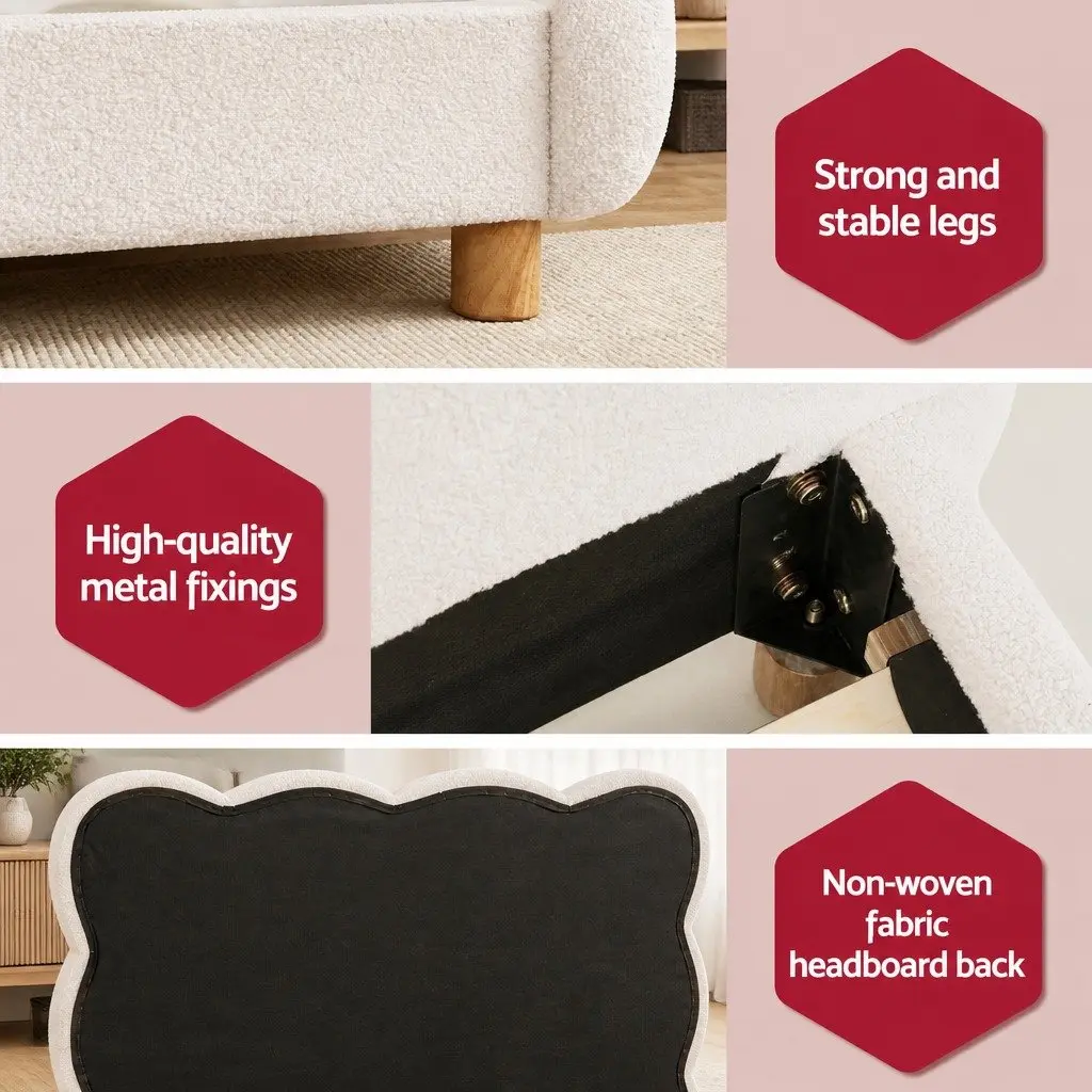 Queen Bed Frame Cloud Headboard Boucle Fabric Platform Base White Modern Bedroom