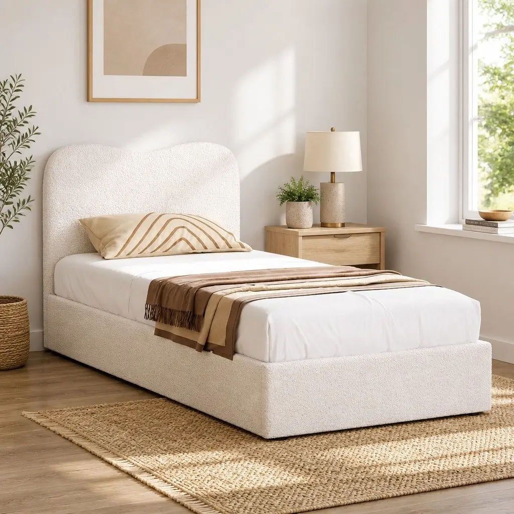Kids Bed Frame Upholstered Boucle Fabric Single Size Beige Wooden Slat Support