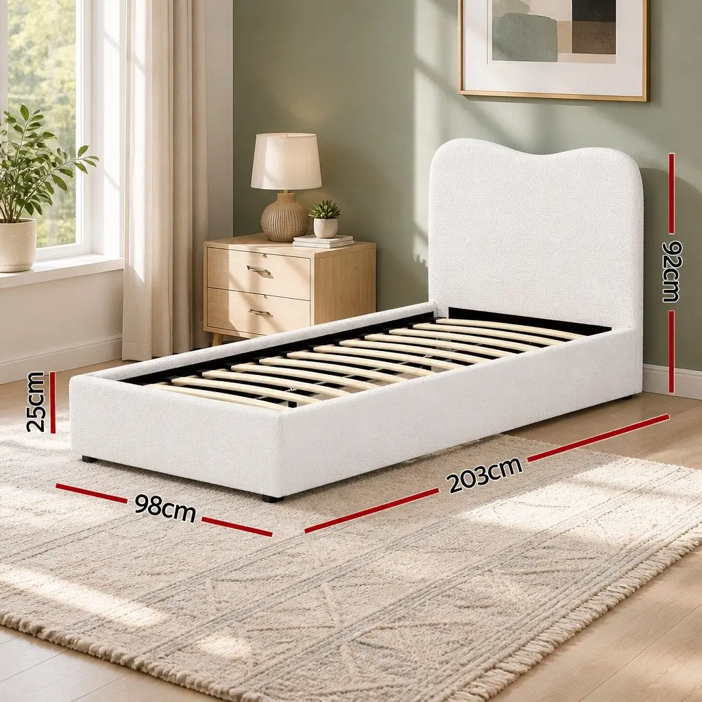 Kids Bed Frame Upholstered Boucle Fabric Single Size Beige Wooden Slat Support