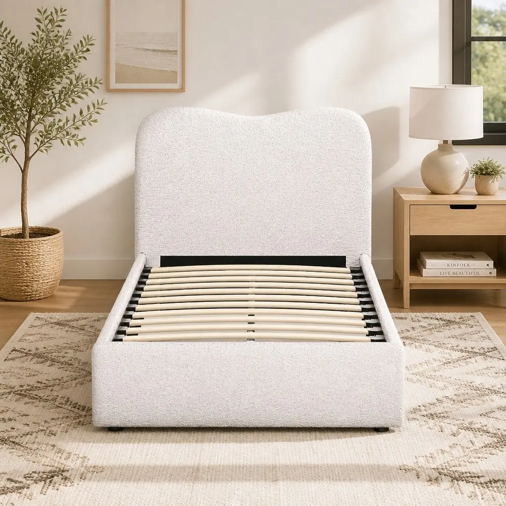 Kids Bed Frame Upholstered Boucle Fabric Single Size Beige Wooden Slat Support