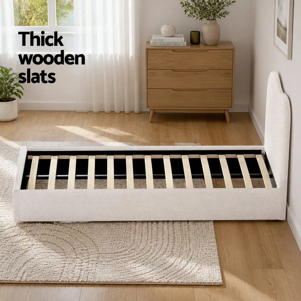 Kids Bed Frame Upholstered Boucle Fabric Single Size Beige Wooden Slat Support