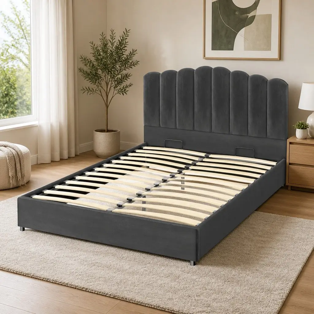 Double Bed Frame Grey Velvet Gas Lift Storage Padded Headboard Wooden Slat