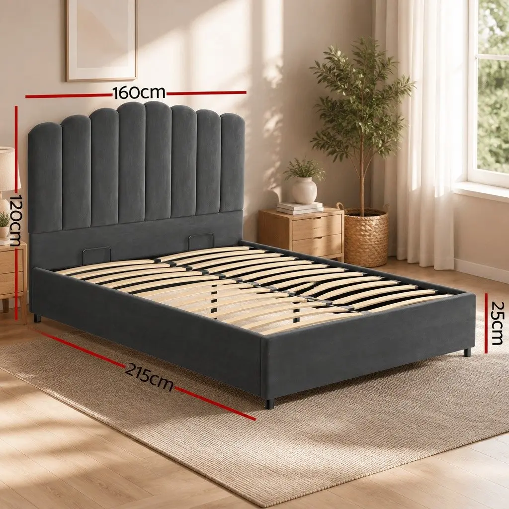 Double Bed Frame Grey Velvet Gas Lift Storage Padded Headboard Wooden Slat