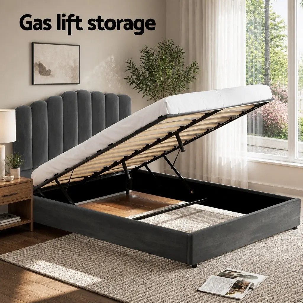 Double Bed Frame Grey Velvet Gas Lift Storage Padded Headboard Wooden Slat