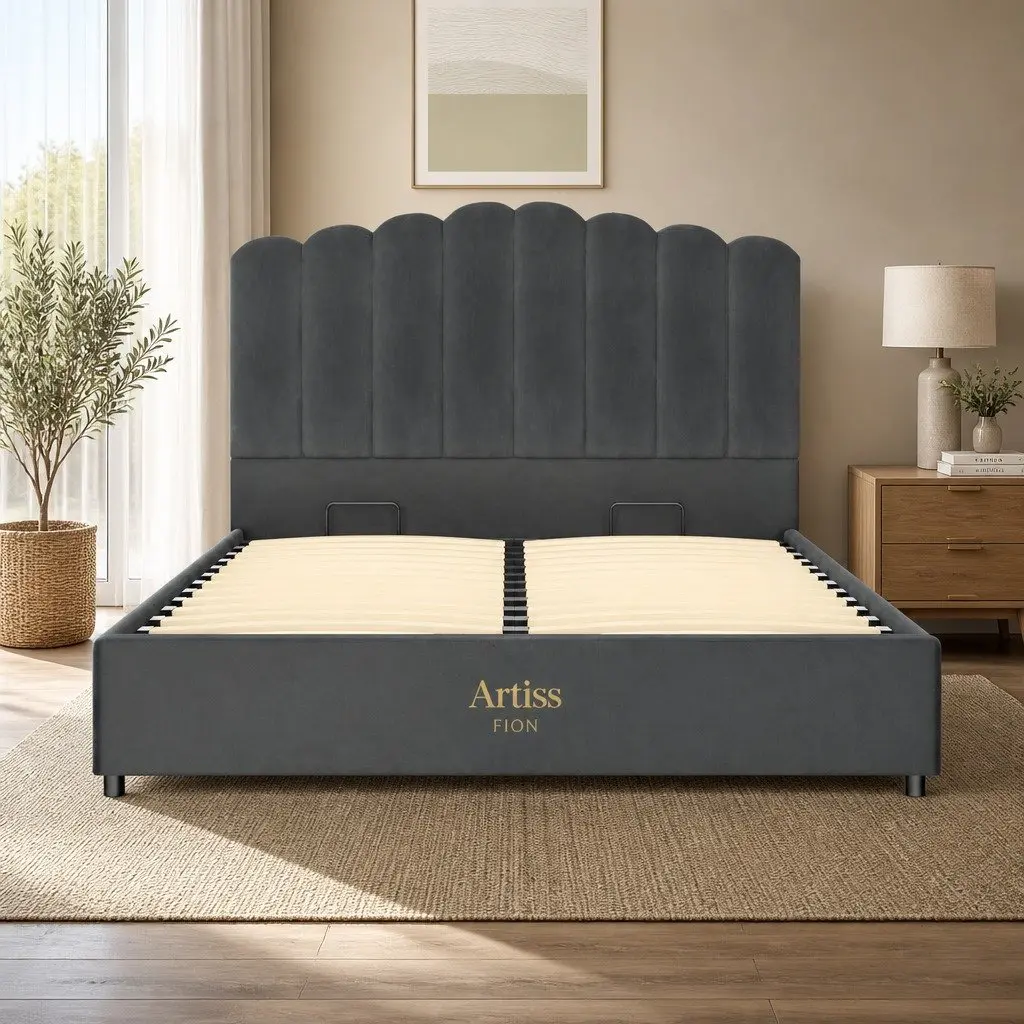 Double Bed Frame Grey Velvet Gas Lift Storage Padded Headboard Wooden Slat