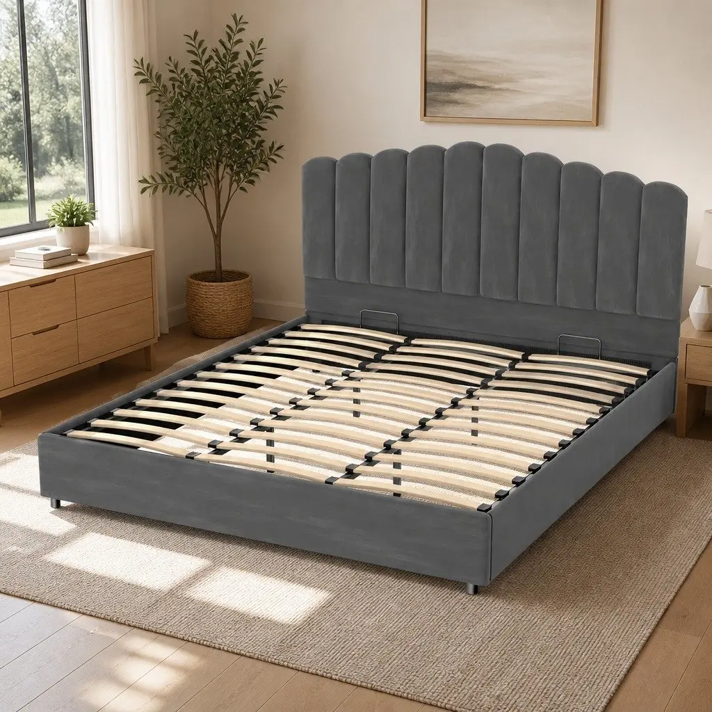 King Size Bed Frame Grey Velvet Upholstered Gas Lift Storage Padded Headboard