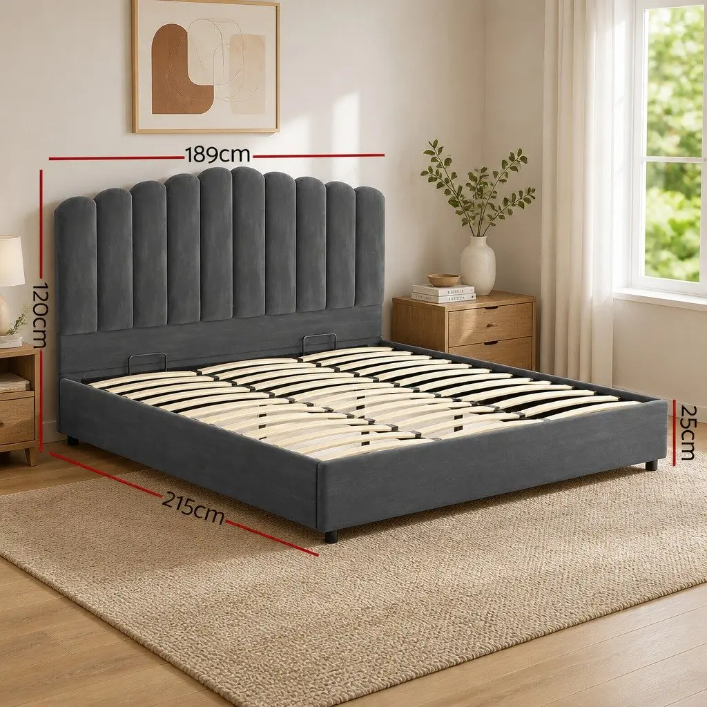 King Size Bed Frame Grey Velvet Upholstered Gas Lift Storage Padded Headboard