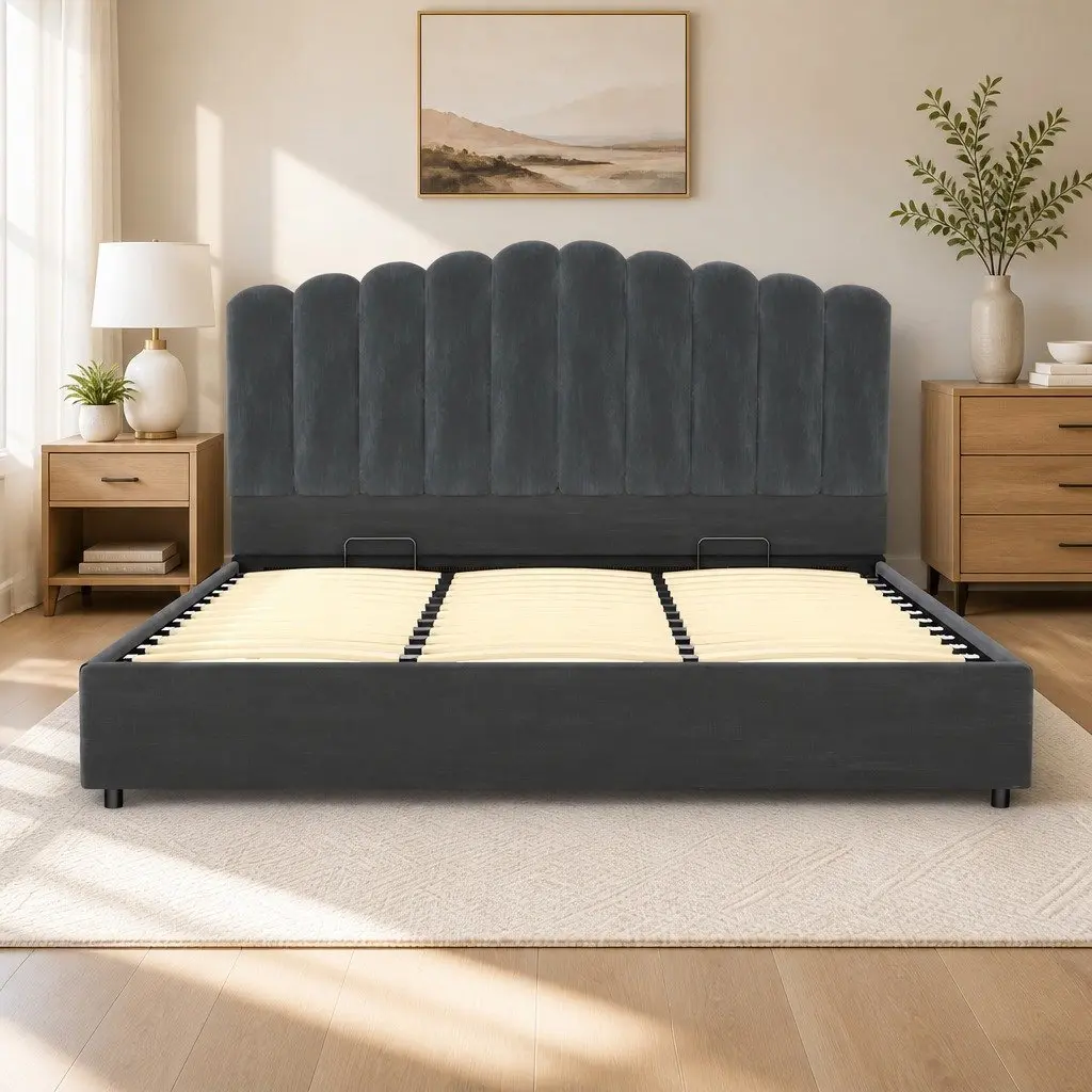 King Size Bed Frame Grey Velvet Upholstered Gas Lift Storage Padded Headboard