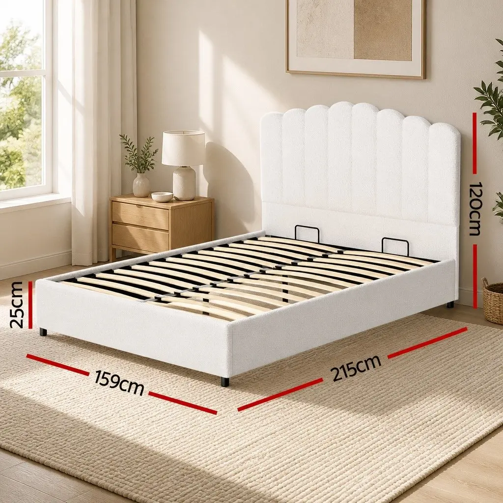 Queen Size Bed Frame Wooden Construction Gas Lift Storage Padded Headboard Boucle Upholstered White