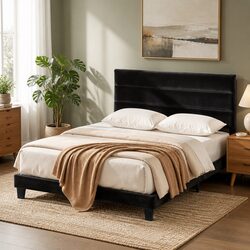Double Bed Frame Upholstered Platform Base Geometric Headboard Black Velvet