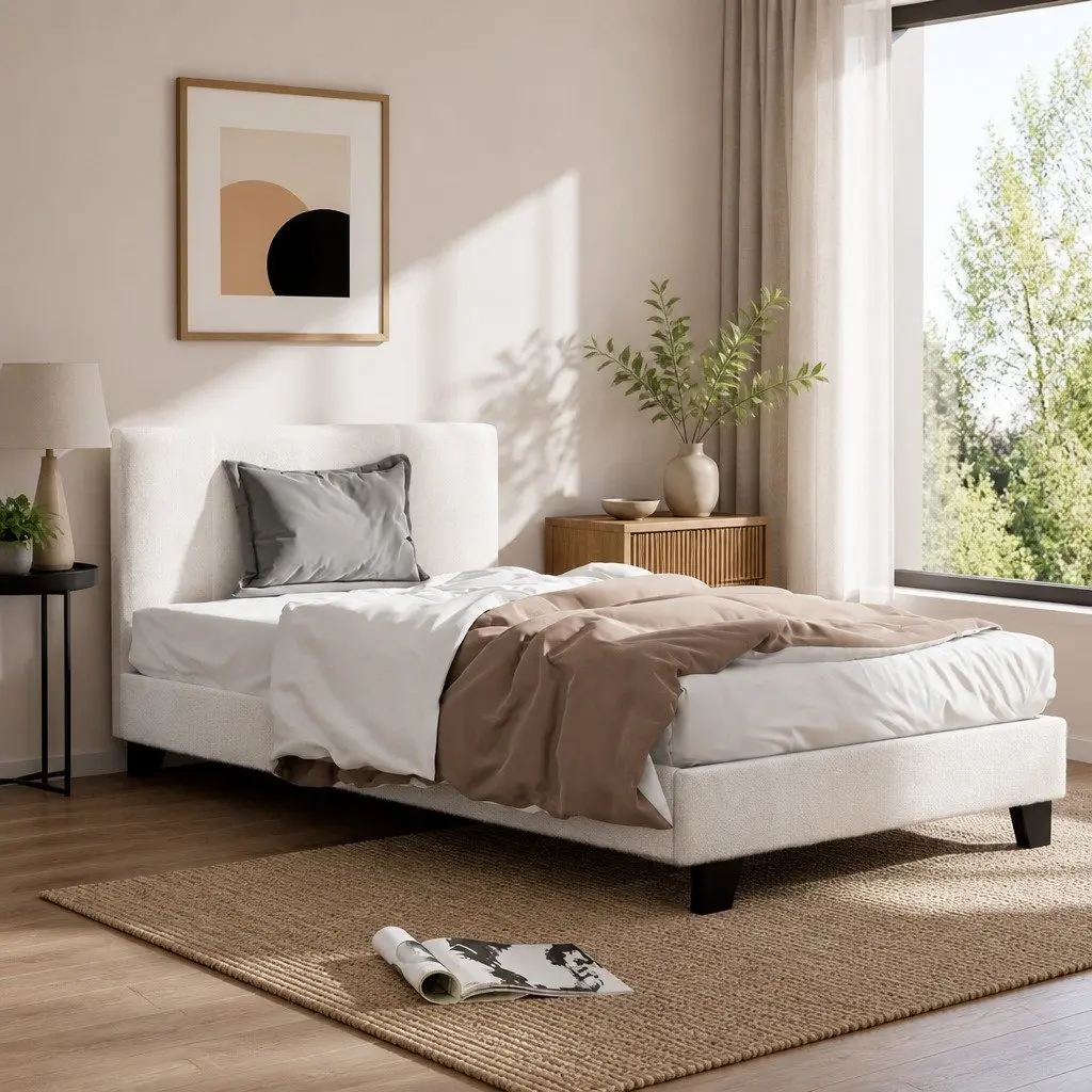 King Single Bed Frame Upholstered Headboard Boucle Fabric White High-Density Foam Wooden Slat Base 215cm x 114cm x 89cm