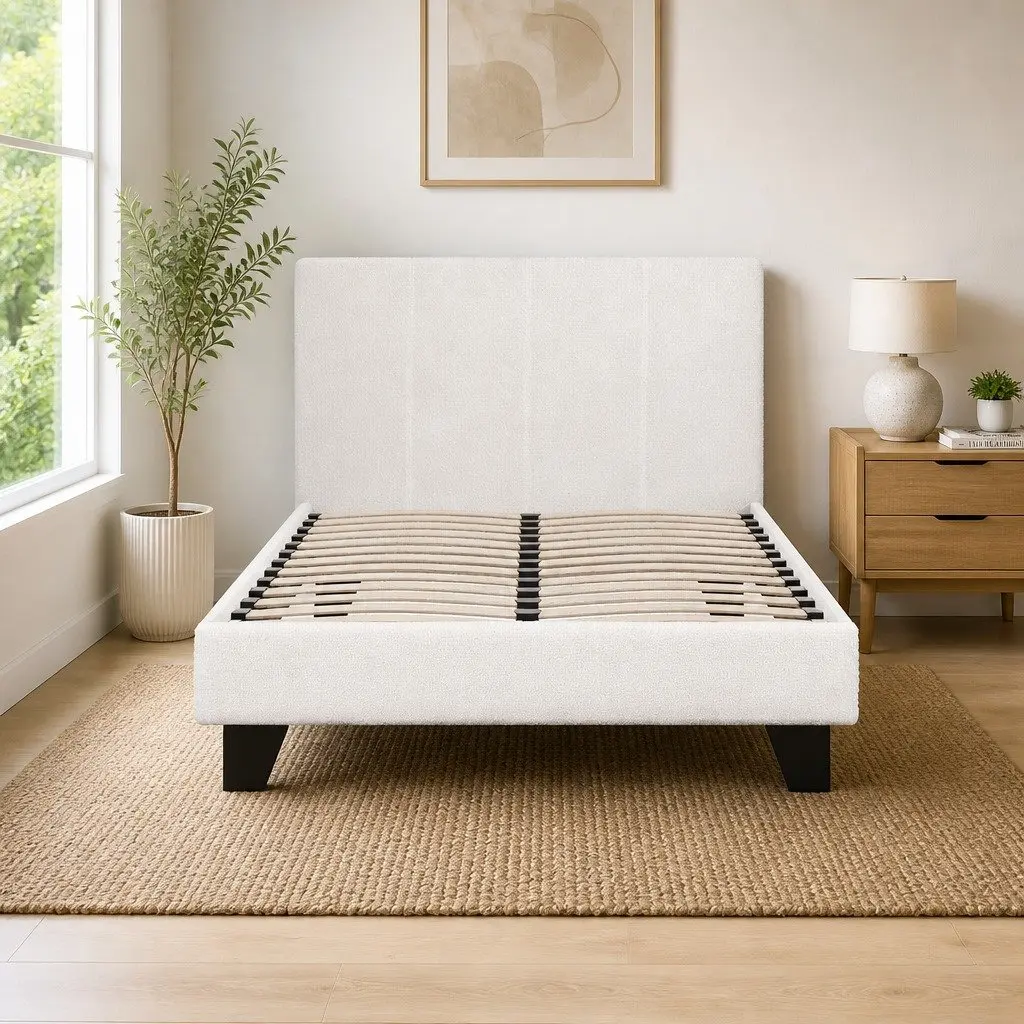 King Single Bed Frame Upholstered Headboard Boucle Fabric White High-Density Foam Wooden Slat Base 215cm x 114cm x 89cm