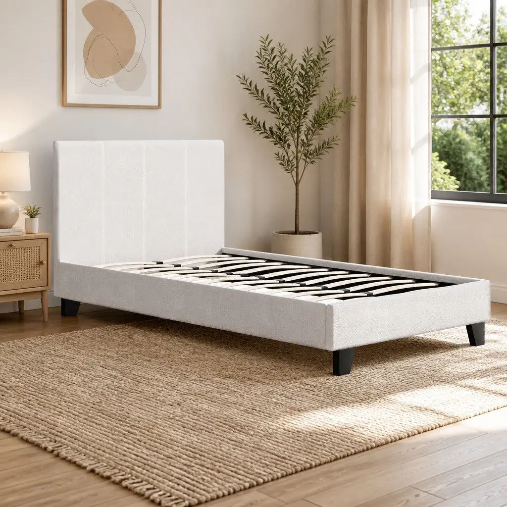 King Single Bed Frame Upholstered Headboard Boucle Fabric White High-Density Foam Wooden Slat Base 215cm x 114cm x 89cm