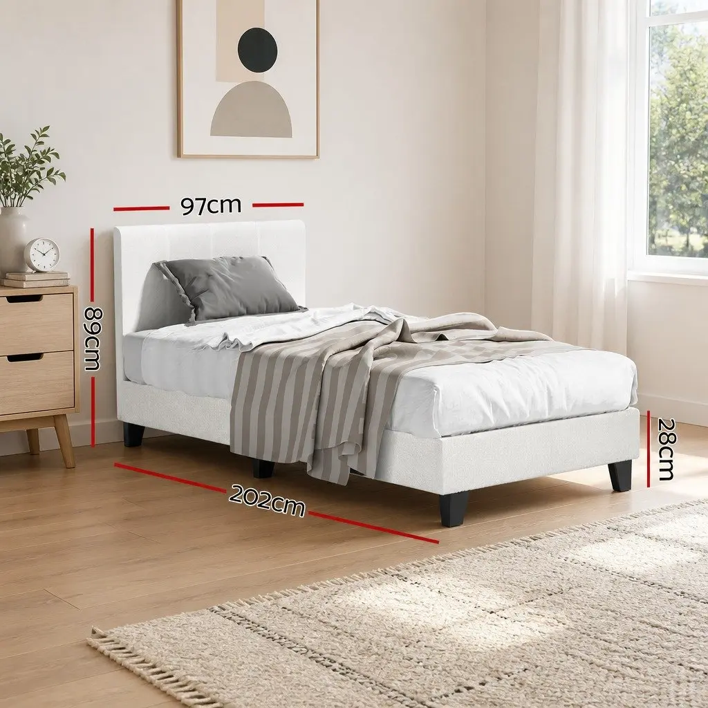 Single Bed Frame White Boucle Upholstered Wooden Slat Base Bedroom Furniture