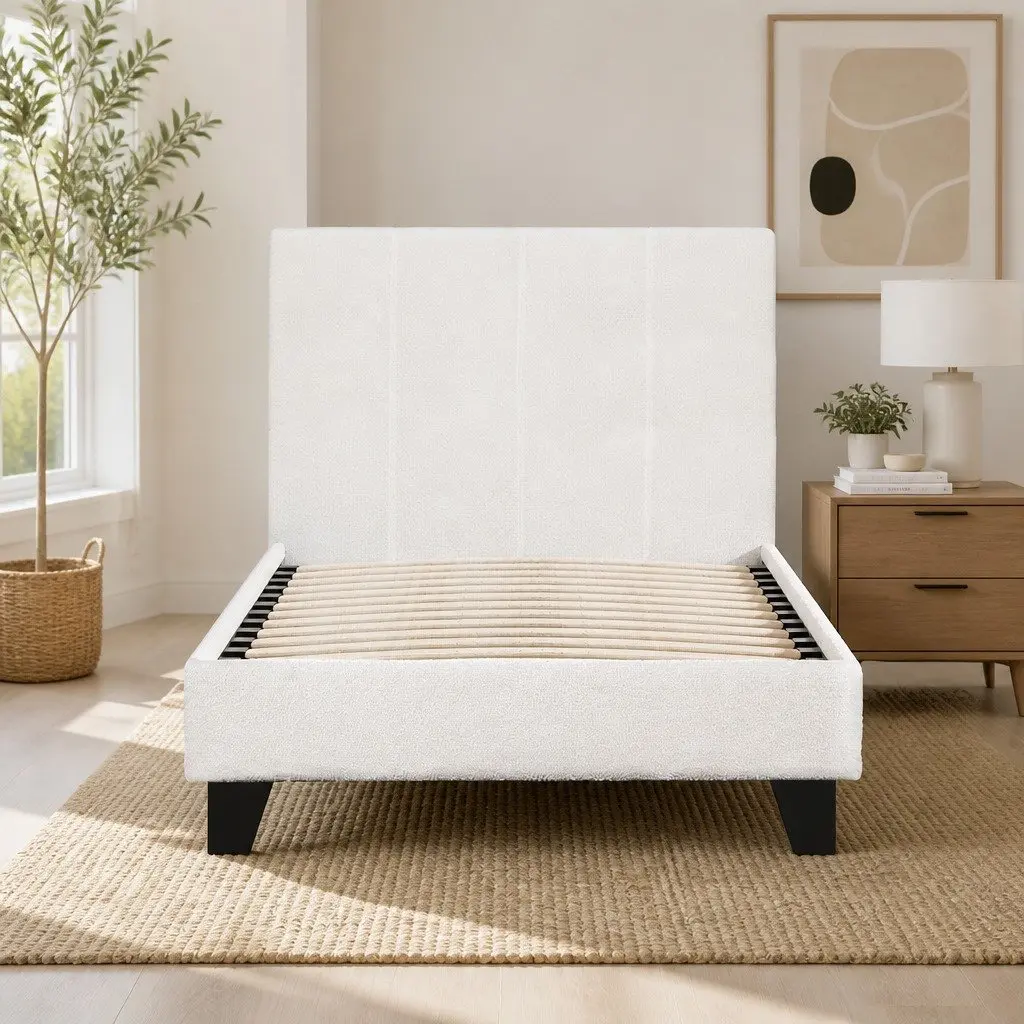 Single Bed Frame White Boucle Upholstered Wooden Slat Base Bedroom Furniture