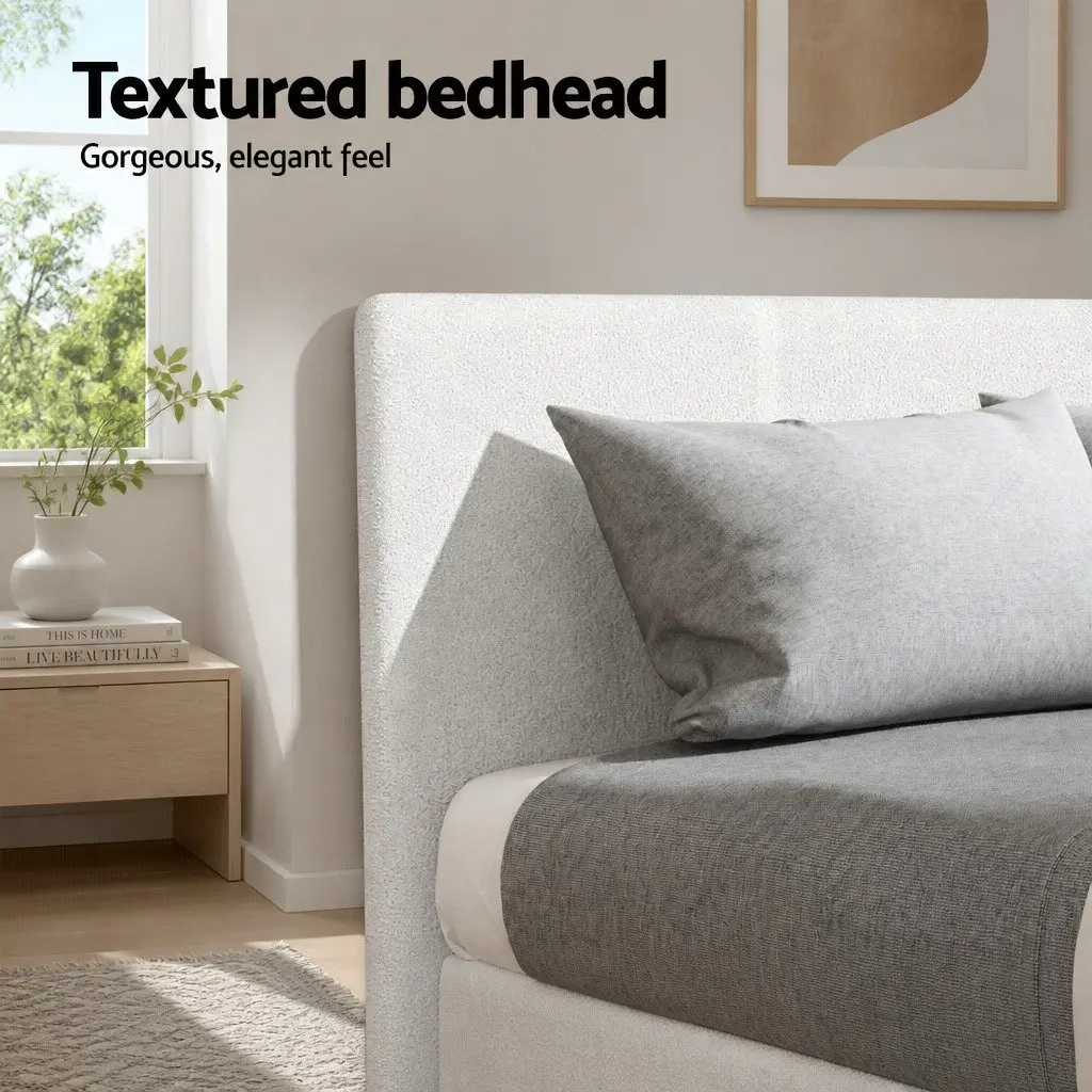 Single Bed Frame White Boucle Upholstered Wooden Slat Base Bedroom Furniture