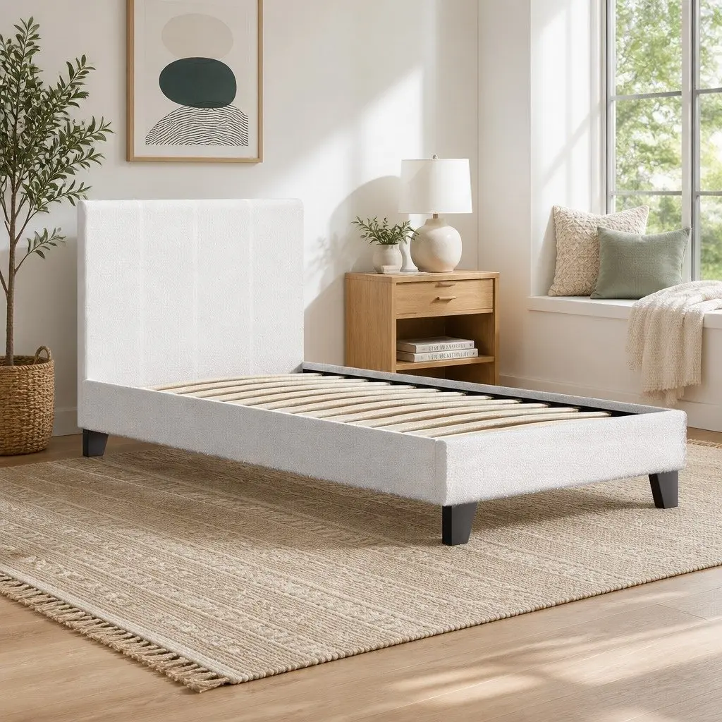 Single Bed Frame White Boucle Upholstered Wooden Slat Base Bedroom Furniture