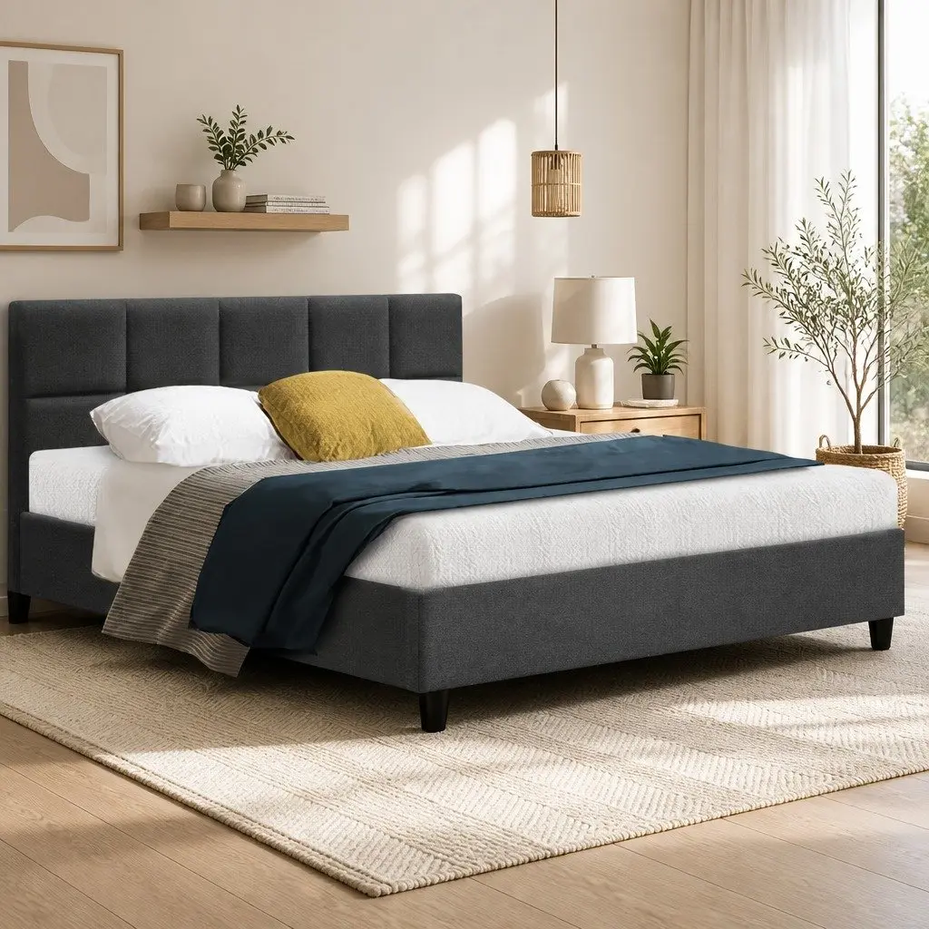 Queen Size Bed Frame Charcoal Upholstered Bedroom Furniture with Wooden Slat