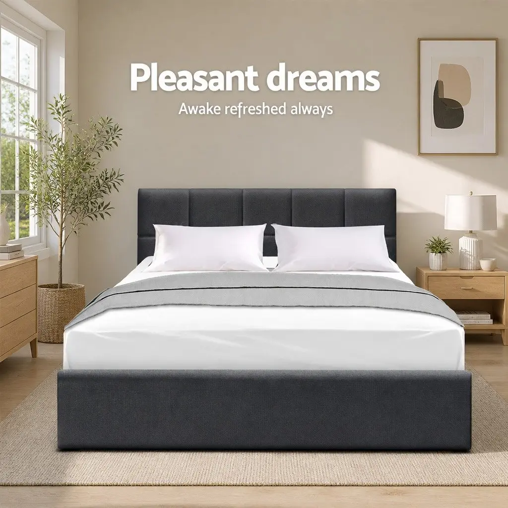 Queen Size Bed Frame Charcoal Upholstered Bedroom Furniture with Wooden Slat