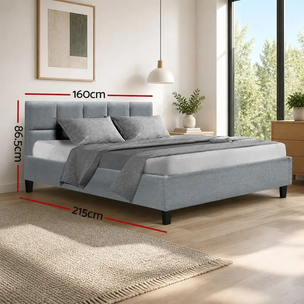 Queen Size Bed Frame Grey Upholstered Panel Wooden Slat Base Metal Connectors