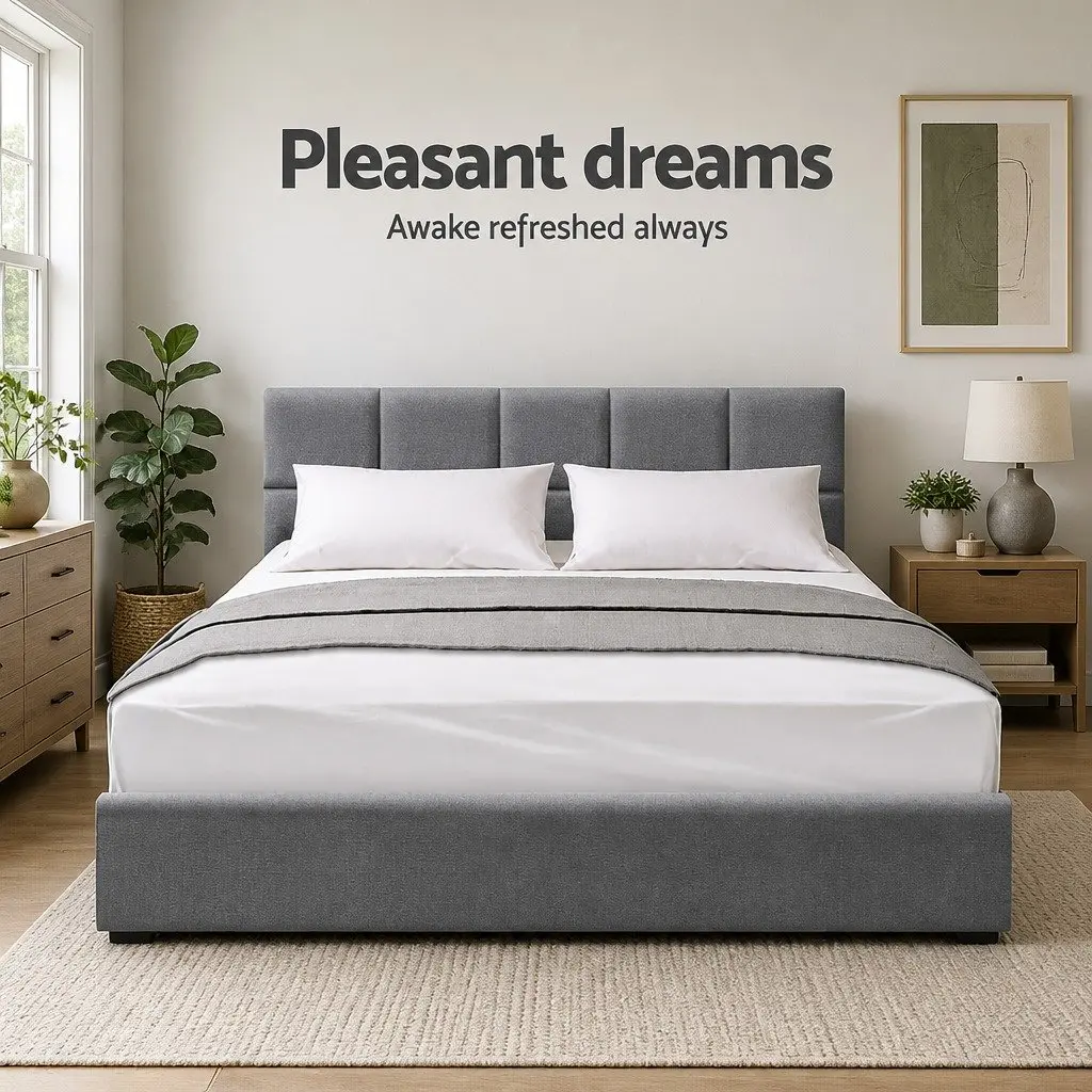 Queen Size Bed Frame Grey Upholstered Panel Wooden Slat Base Metal Connectors