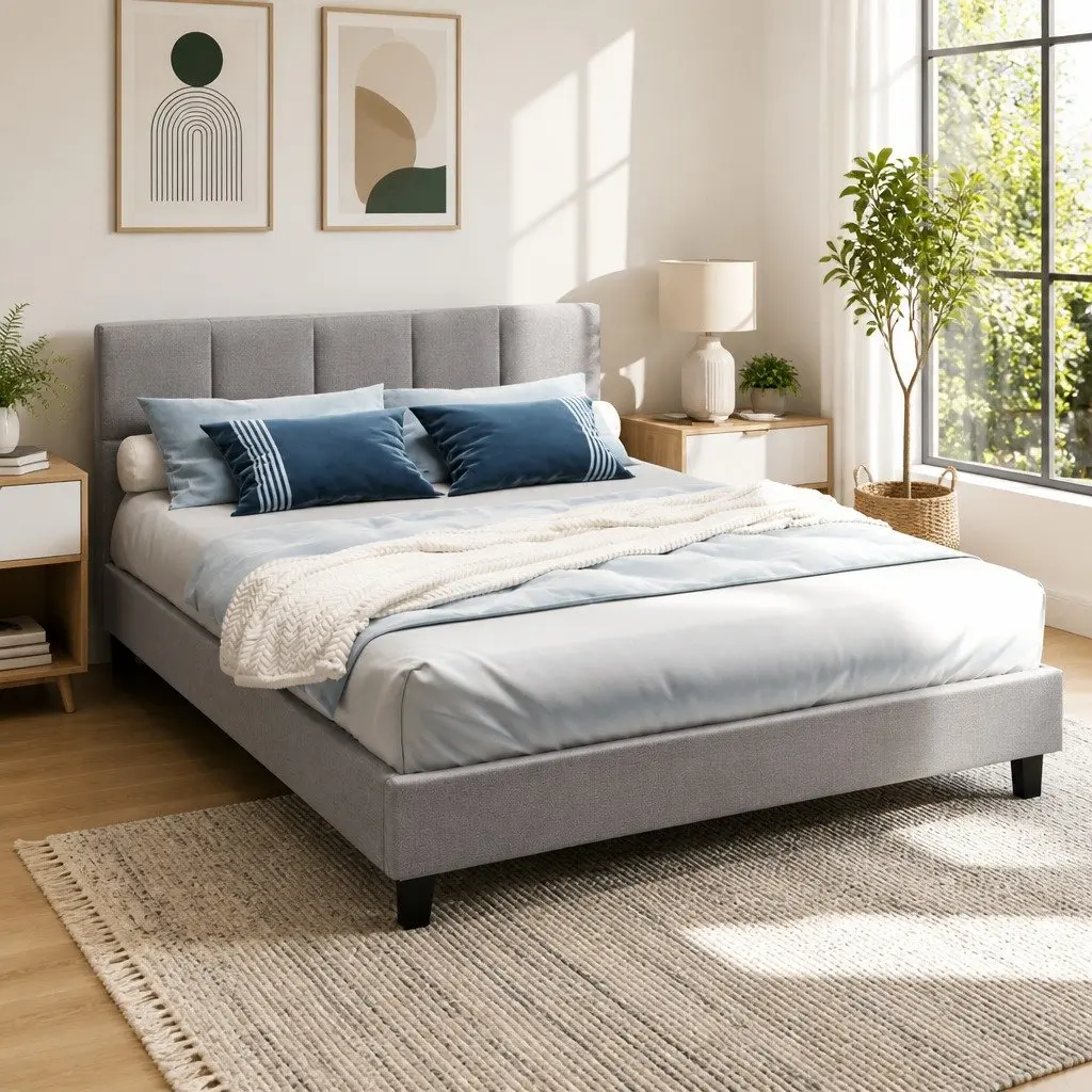 Queen Size Bed Frame Grey Upholstered Panel Wooden Slat Base Metal Connectors