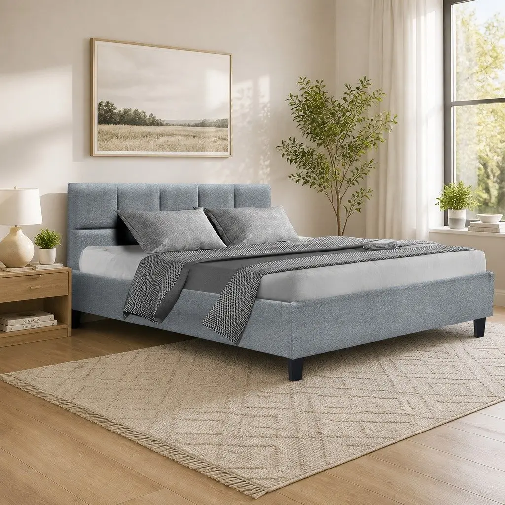 Queen Size Bed Frame Grey Upholstered Panel Wooden Slat Base Metal Connectors