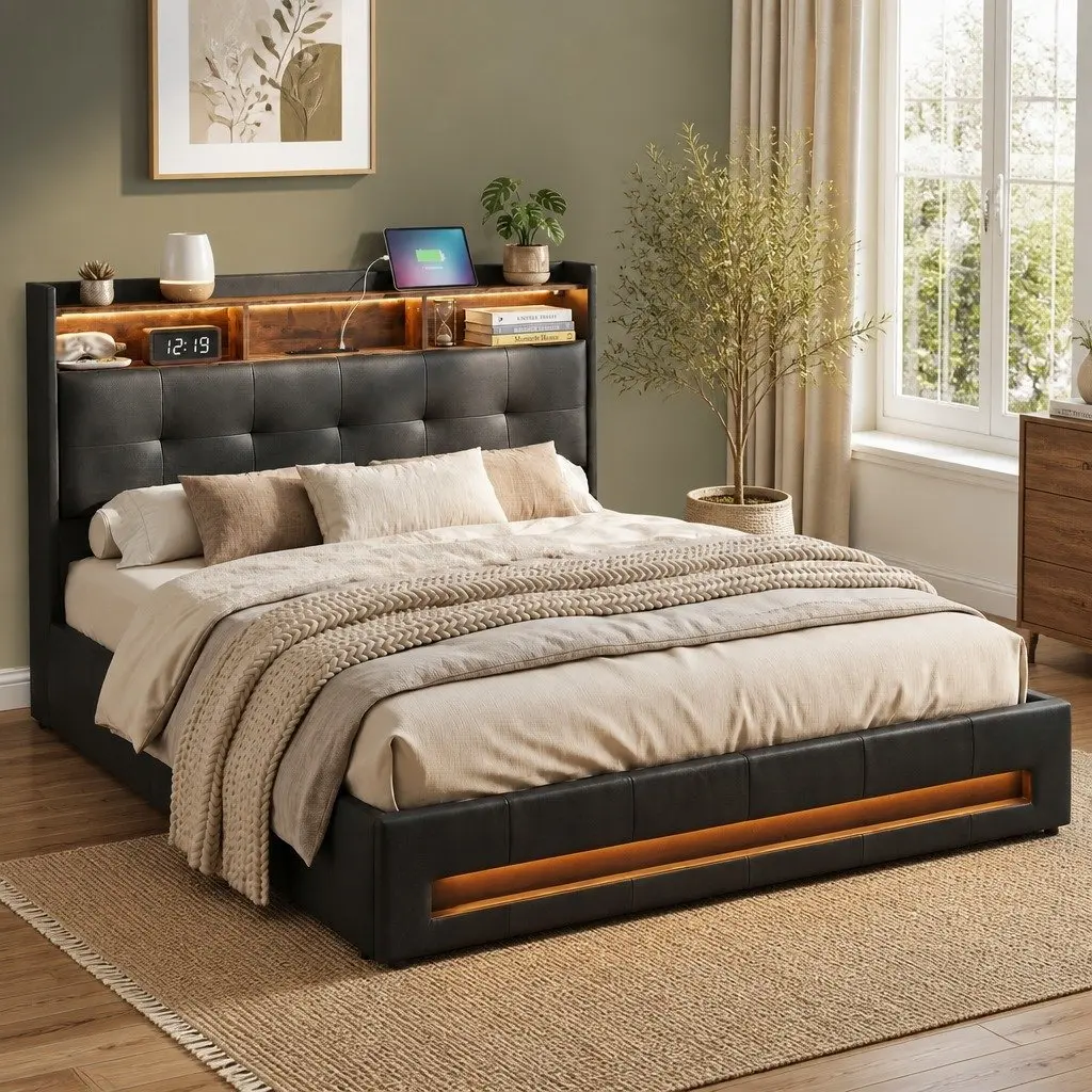 Double Bed Frame PU Leather Black Gas Lift Storage with LED Lights and Charging Station