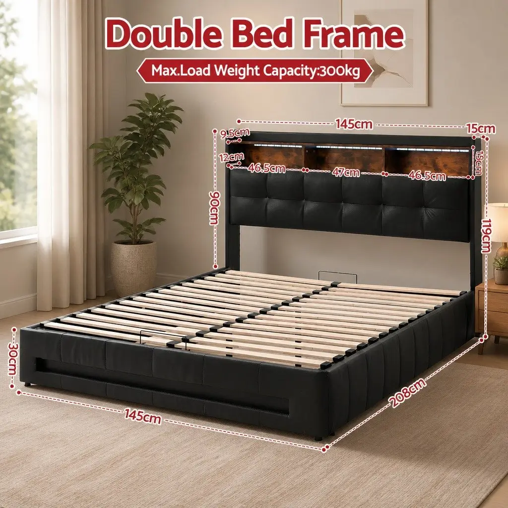 Double Bed Frame PU Leather Black Gas Lift Storage with LED Lights and Charging Station