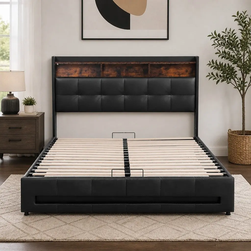 Double Bed Frame PU Leather Black Gas Lift Storage with LED Lights and Charging Station