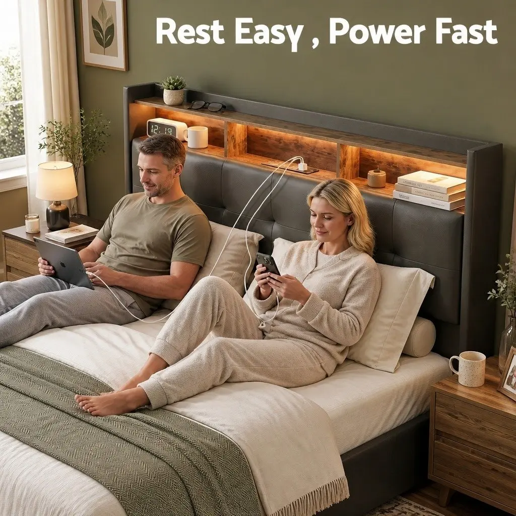 Double Bed Frame PU Leather Black Gas Lift Storage with LED Lights and Charging Station
