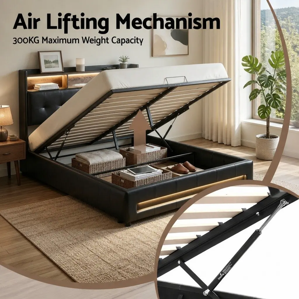 Double Bed Frame PU Leather Black Gas Lift Storage with LED Lights and Charging Station