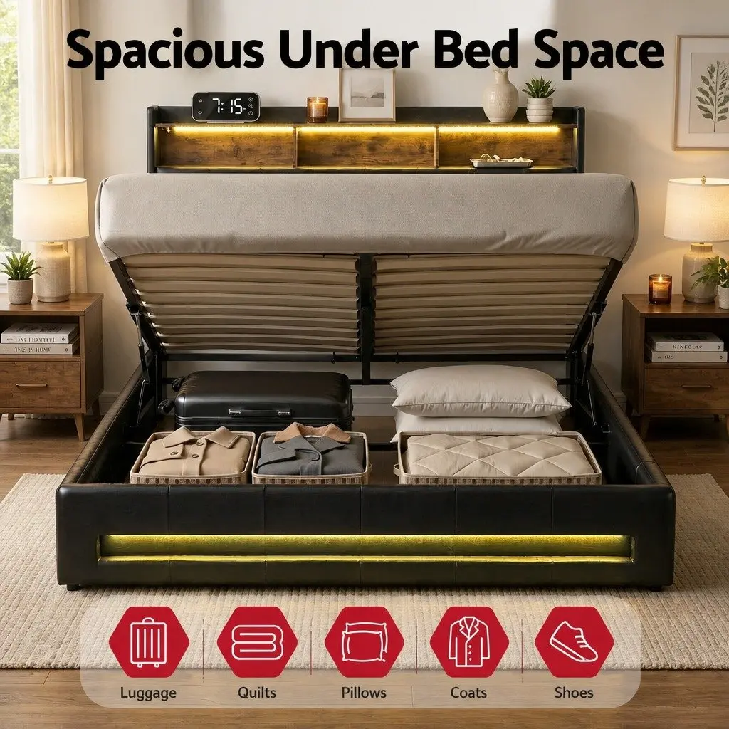 Double Bed Frame PU Leather Black Gas Lift Storage with LED Lights and Charging Station