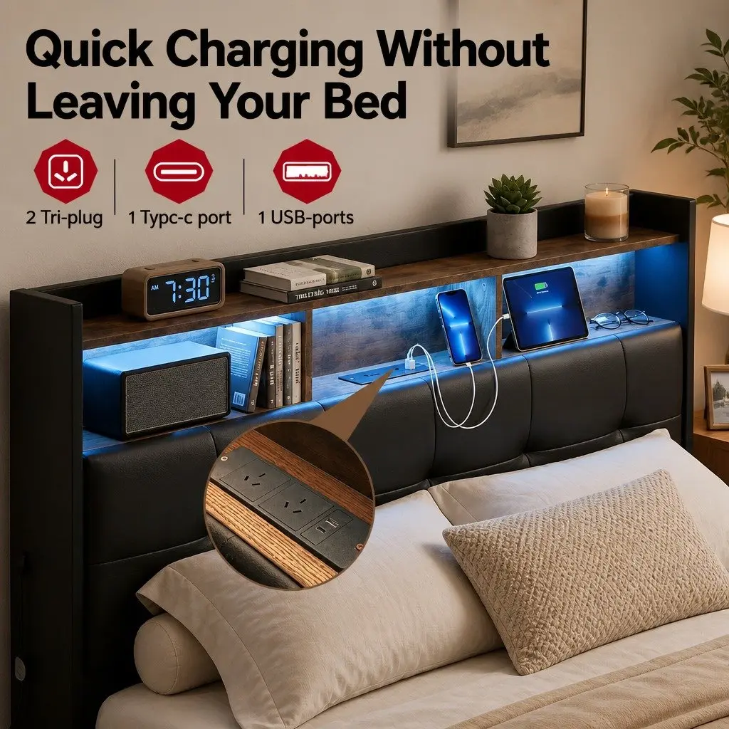 Double Bed Frame PU Leather Black Gas Lift Storage with LED Lights and Charging Station