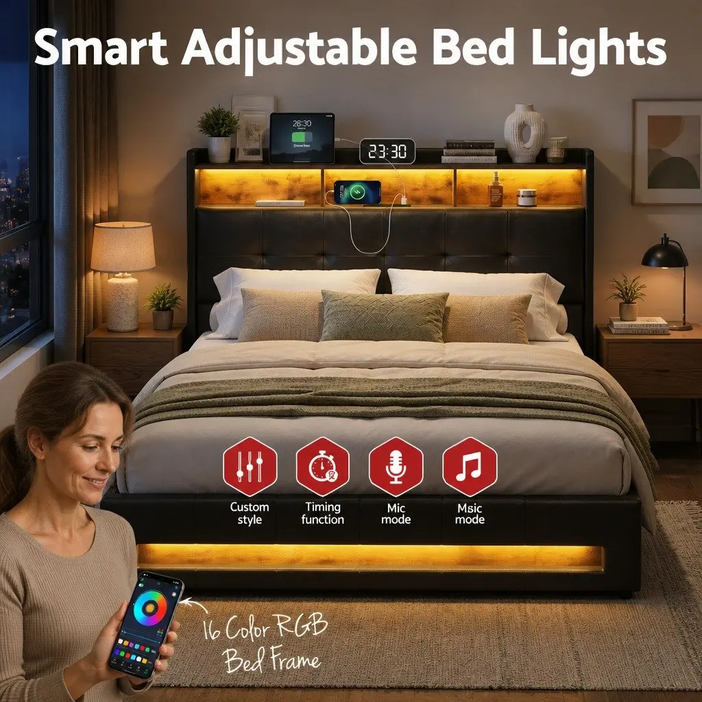 Double Bed Frame PU Leather Black Gas Lift Storage with LED Lights and Charging Station