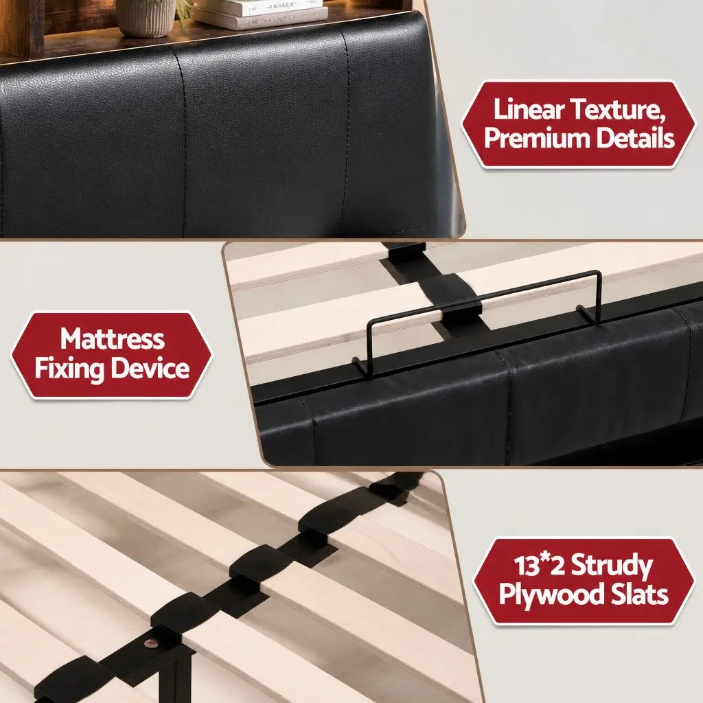 Double Bed Frame PU Leather Black Gas Lift Storage with LED Lights and Charging Station