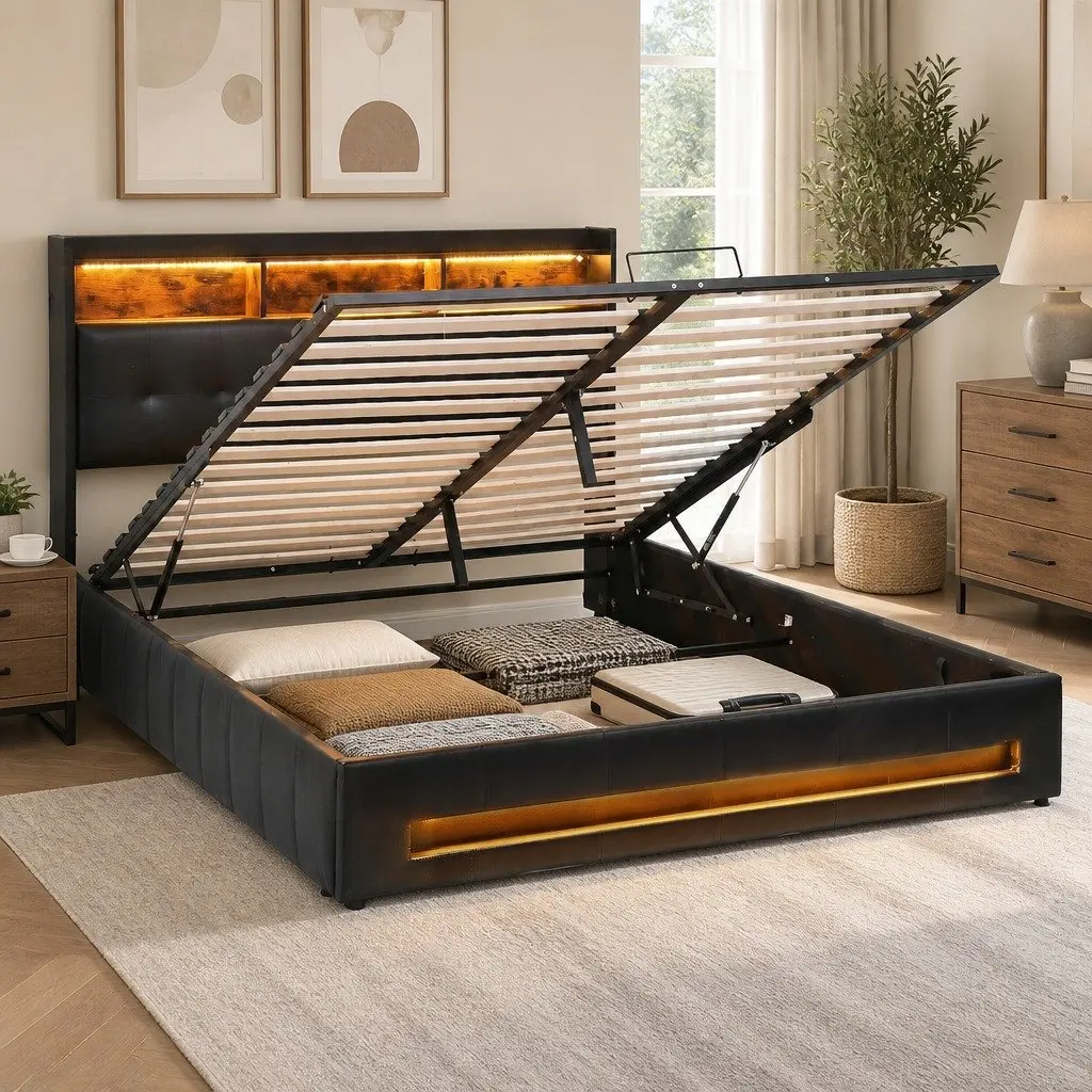 Double Bed Frame PU Leather Black Gas Lift Storage with LED Lights and Charging Station